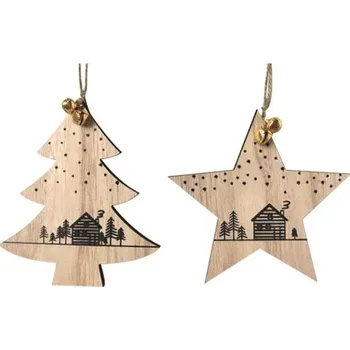 Vánoční dekorace Dřevěná hvězda a stromeček na zavěšení Scandi 11 x 13 cm