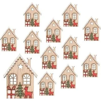 Vánoční dekorace Domky s jelenem dřevěné s lepíkem 2,5 x 3,5 x 0,3 cm, 12 ks v sáčku