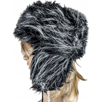 Čepice Čepice kožešinová ušanka pilotka EKOFUTRO černá S BÍLÝM NÁDECHEM