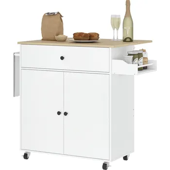 Servírovací stolek Kuchyňský ostrov na kolečkách Homcom 801-376V90WT bílý 106x42x87 cm