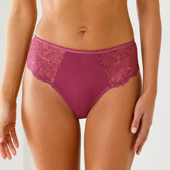 Dámské spodní prádlo Sada 2 kalhotek tanga s vysokým pasem z krajky a mikrovlákna švestková+tělová 34/36