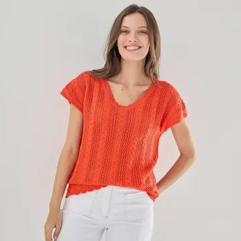 Halenka s výstřihem do V, z ažurového úpletu oranžová 34/36