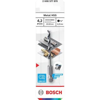 Vrták Bosch Vrták do kovu Metal HSS, 4,2 × 43 × 83 mm, zúžená stopka HEX ¼" Professional (2608577870)