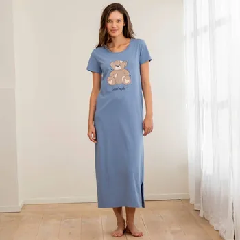 Dámská noční košile Dlouhá noční košile s krátkými rukávy a potiskem medvídka modrošedá 38/40