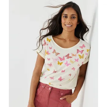 Rovné tričko s kulatým výstřihem, potisk motýli vanilková 54