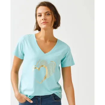 Tričko s výstřihem do V, krátkými rukávy a potiskem srdce vpředu světle zelená 50