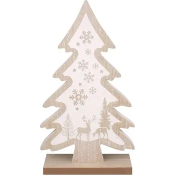 Vánoční dekorace Strom s bílým potiskem dřevěný na postavení 17 x 30 x 5 cm