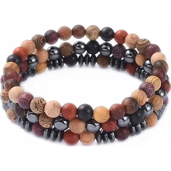 Náramek Sada tří náramků z dřevěných korálků a korálků hematitu obvod cca 16 až 21 cm