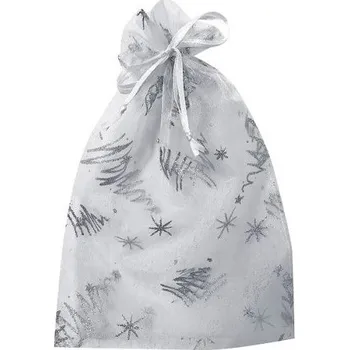 Vánoční dekorace Pytlík organzový bílý se stromky a s glitry 15 x 22 cm