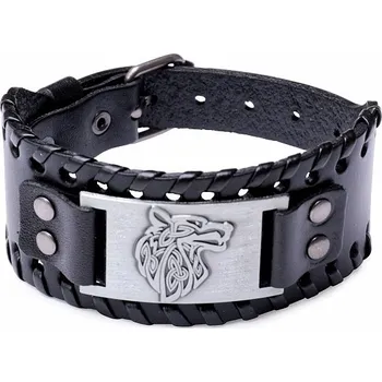 Drahý kámen Pánský široký kožený náramek s vlkem obvod cca 18 až 23 cm
