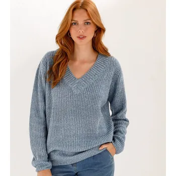 Dámský svetr Pulovr s výstřihem do V a hladkým vzorem modrý melír 34/36