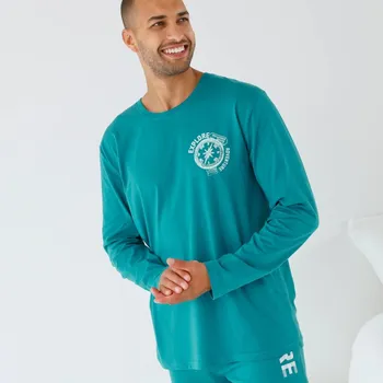 Pánské pyžamo Pyžamové tričko s potiskem na hrudníku a dlouhými rukávy tyrkysová 137/146