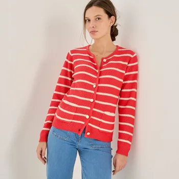 Dámský svetr Pruhovaný svetr s ozdobnými knoflíky červená/režná 46/48