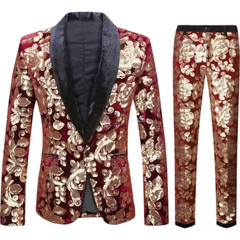 Best Fashion Pánský sametový oblek pro slavnostní příležitosti Velikost: S, Barva (Varianta): Burgundy Velvet Sequ