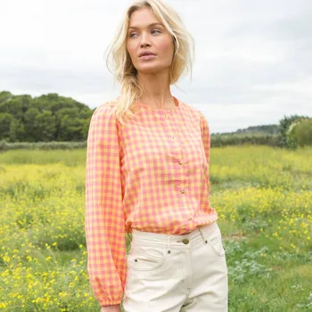 Halenka na knoflíčky s kostkovaným potiskem a kulatým výstřihem žlutá/růžová 46