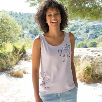 Top so širokými ramienkami a potiskem motýlků lila 38/40