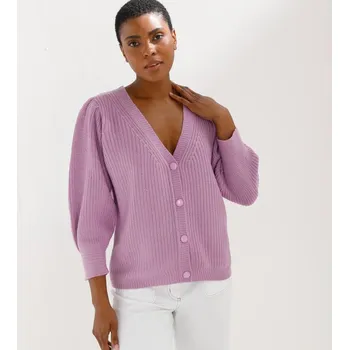 Dámský svetr Propínací svetr s výstřihem do V a 3/4 rukávy lila 34/36
