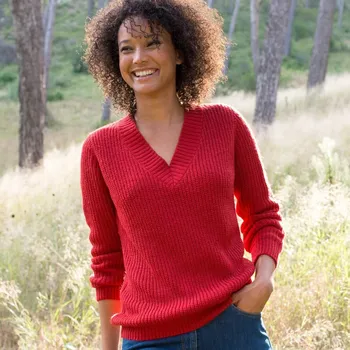 Dámská móda Pulovr s výstřihem do V a hladkým vzorem červená 38/40