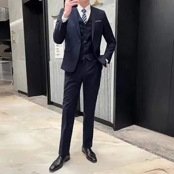 Pánský oblek Best Fashion Pánský třídílný oblek pro business a svatby Barva: Tmavě Modrá, Velikost: 4XL