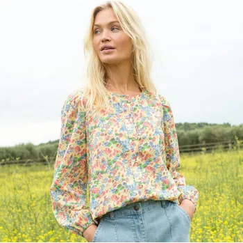 Dámská halenka Halenka na knoflíčky s potiskem květin a kulatým výstřihem žlutá/modrá 52