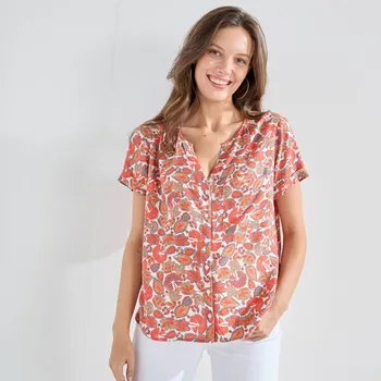 Halenka s krátkými rukávy na knoflíčky a s potiskem rostlin režná/růžová 38