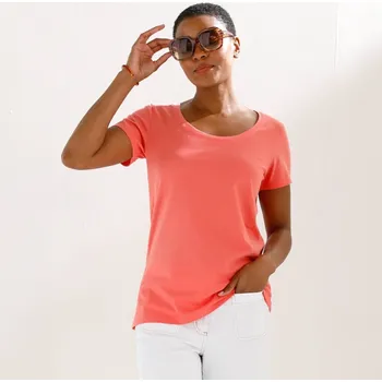 Jednobarevné tričko s kulatým výstřihem a krátkými rukávy korálová 34/36