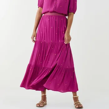 Dámská sukně Dlouhá volánová sukně se zlatavým potiskem purpurová/zlatá 38/40