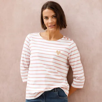 Dámské tričko Pruhované tričko s výšivkou srdce, bio bavlna bílá/růžová šedá 54