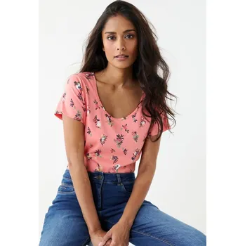 Dámská móda Tričko s krátkými rukávy a potiskem květin korálová 46/48