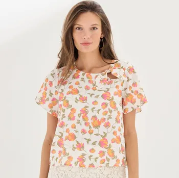 Dámská halenka Halenka vázáním ve výstřihu a potiskem květin režná/růžová 54