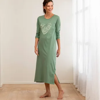 Dámská móda Dlouhá noční košile s potiskem květinového srdce khaki 58