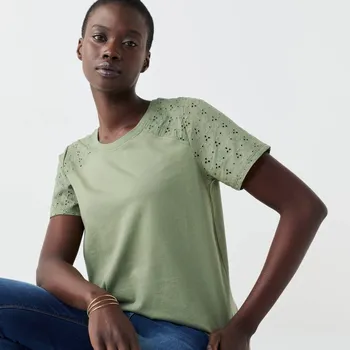 Dámská móda Tričko s kulatým výstřihem, krátkými rukávy a madeirou khaki 34/36