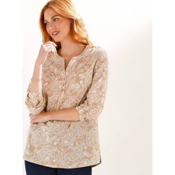Tunika s výstřihem na knoflíčky, s potiskem bílá/béžová 46