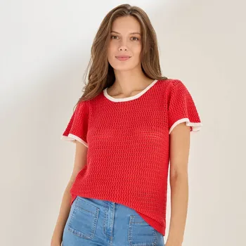 Dámské tričko Úpletové tričko s kontrastním lemováním červená/režná 34/36