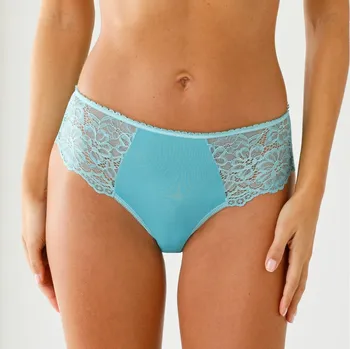 Dámské spodní prádlo Sada 2 kalhotek tanga s vysokým pasem z krajky a mikrovlákna modrá+tělová 50/52
