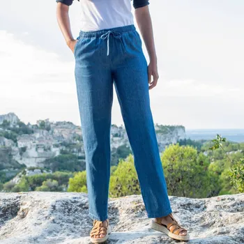 Dámské kalhoty Rovné denimové kalhoty s pružným pasem modrá 40