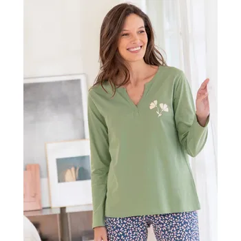 Dámské pyžamo Pyžamové tričko s dlouhými rukávy a potiskem květin zelená 46/48