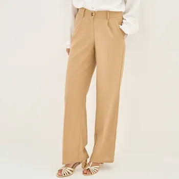 Dámské kalhoty Široké jednobarevné kalhoty s puky a příměsí lnu béžová 36