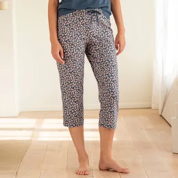 Dámská móda 3/4 pyžamové kalhoty s potiskem kytiček modrá 34/36