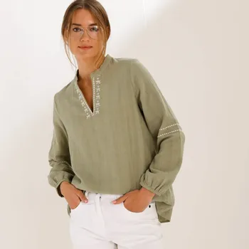 Dámské oblečení Bavlněná tunika s texturou a výšivkou khaki/režná 40