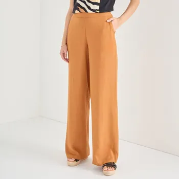 Dámská móda Široké vzdušné kalhoty s příměsí lnu karamelová 40