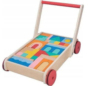 Dřevěná hračka DŘEVĚNÝ VOZÍK S KOSTKAMI PRO DĚTI ODRÁŽEDLO CHODÍTKO STAVEBNICE DŘEVĚNÉ 50 KS