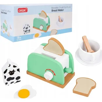 Dřevěná hračka Dřevěný toustovač + snídaňové příslušenství Realistická zábava 18+ YY-3375