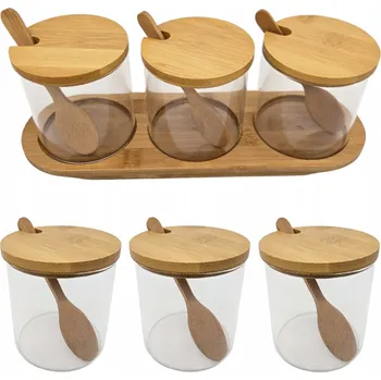Dóza na potraviny SADA 3 SKLENĚNÝCH DÓZ NA KOŘENÍ POTRAVINY BAMBUSOVÝ PODNOS A LŽIČKY