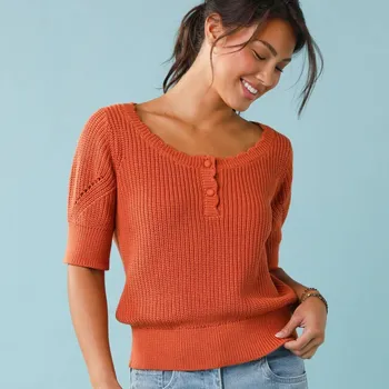 Dámská móda Úpletová halenka s rukávy k loktům, pro menší postavu paprika 38/40