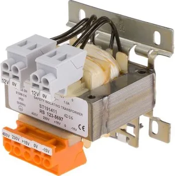 Transformátor Transformátor na lištu DIN 25VA, primární napětí: 230 → 400V ac, sekundární napětí: 2 x 12V ac, Lišta DIN