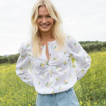 Dámská halenka Halenka na knoflíčky s potiskem citrónů a kulatým výstřihem bílá/žlutá 54