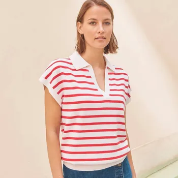 Pruhovaný pulovr s polo límečkem a krátkými rukávy bílá/červená 42/44