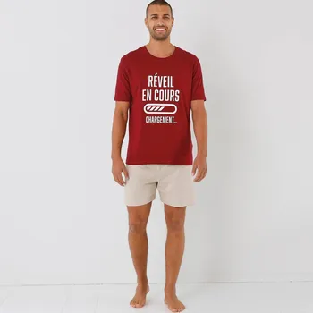 Pánské oblečení Pyžamo se šortkami, kulatým výstřihem a potiskem textu bordó/béžový melír 77/86