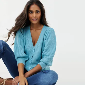 Dámský svetr Propínací svetr s výstřihem do V a 3/4 rukávy světle modrá 34/36